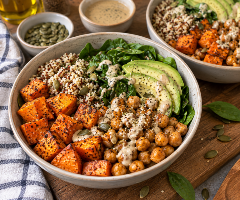 Buddha bowl patate douce et pois chiches rôtis : recette healthy d’automne facile