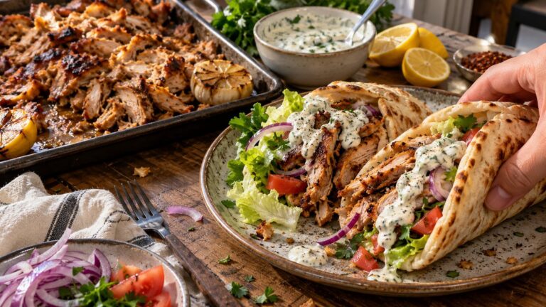 Shawarma de poulet maison, sauce à l’ail confit fait maison