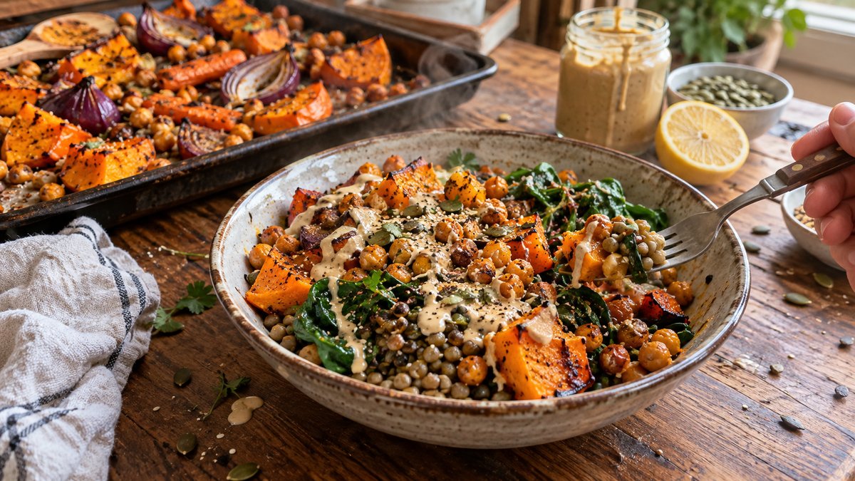 Bowl lentilles, pois chiches et légumes rôtis fait maison
