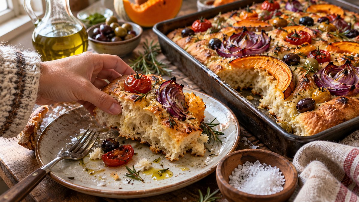 Focaccia décorée aux légumes d'automne fait maison