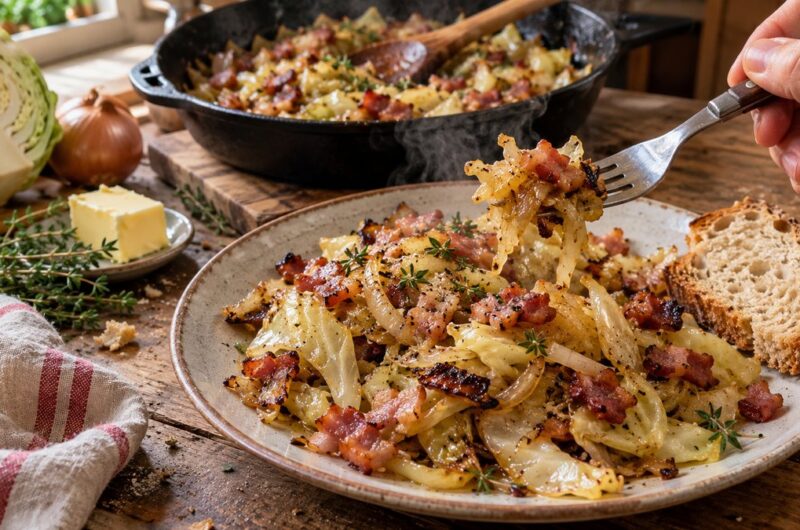 Chou poêlé aux lardons et oignons fait maison