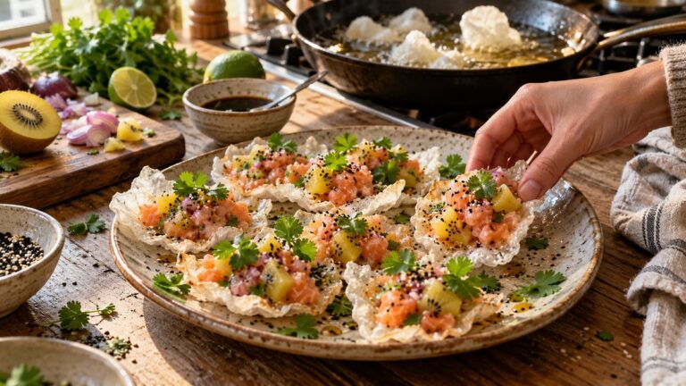 Chips de riz au tartare de truite fait maison