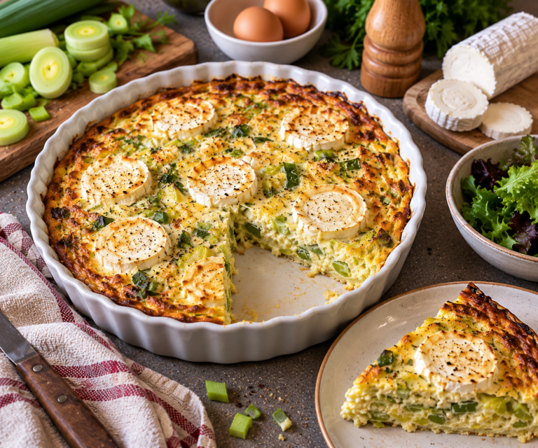 Quiche sans pâte aux poireaux et chèvre : recette healthy d’automne facile