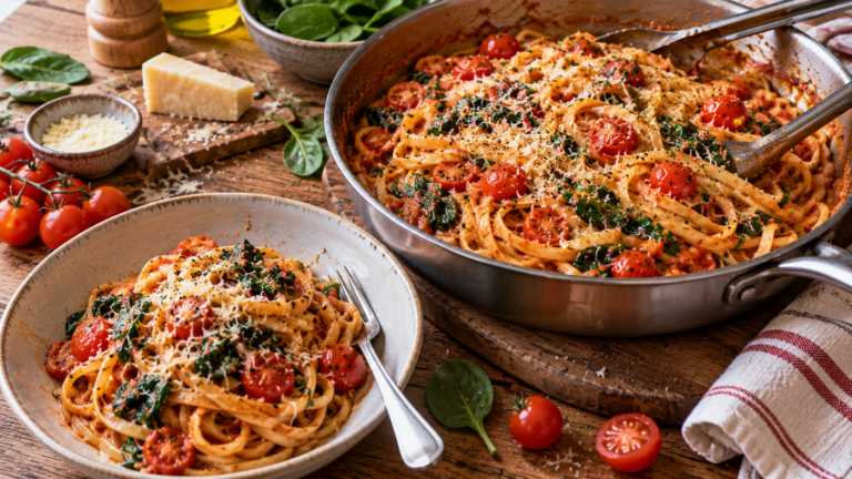 One pot pasta tomates et épinards : prêt en 20 minutes dans une seule casserole